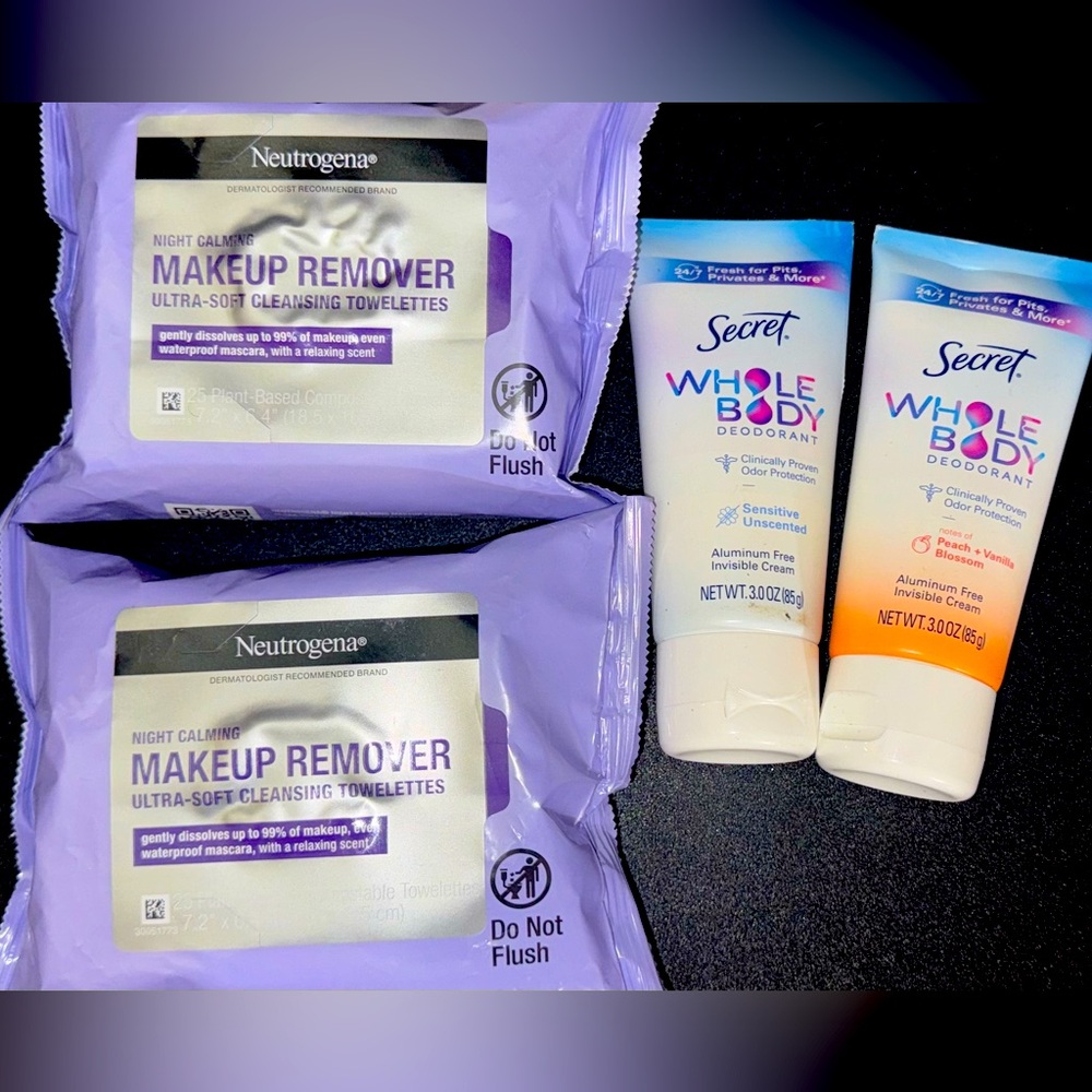Neutrogena & Secret Bundle- 2 night calming face wipes & 2 body deodorants